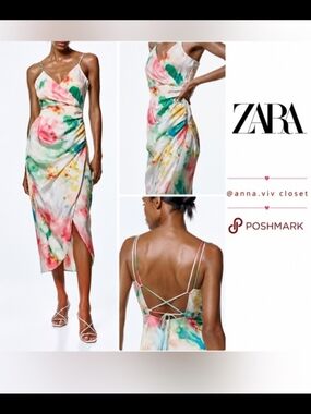 ZARA Watercolor Wrap Midi Dress in Pink, Green & Yellow